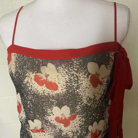 Laundry by Shelli Segal Sz 10 silk Chiffon Floral Red MIDI Dress Cinch Waist - Picture 4 of 11